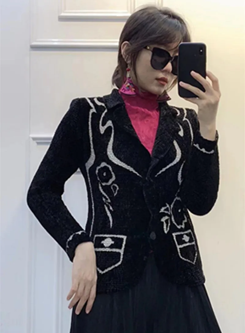 Горячая Miyake fold бархатное модное пальто с длинными рукавами и принтом, однобортное пальто с отложным воротником