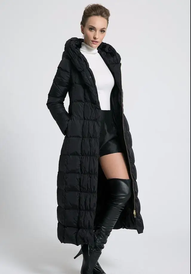 nouveau femmes hiver Long vers le bas vestes A capuche ceinture grande taille noir bleu морской Гранде фрахт - Цвет: Черный