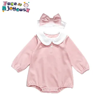 

2020 Newborn Baby Girl Kids Long Sleeve Jumpsuit Solid Clothes Baby Bodysuit With Bow Headband Outfits Toddler Clothing