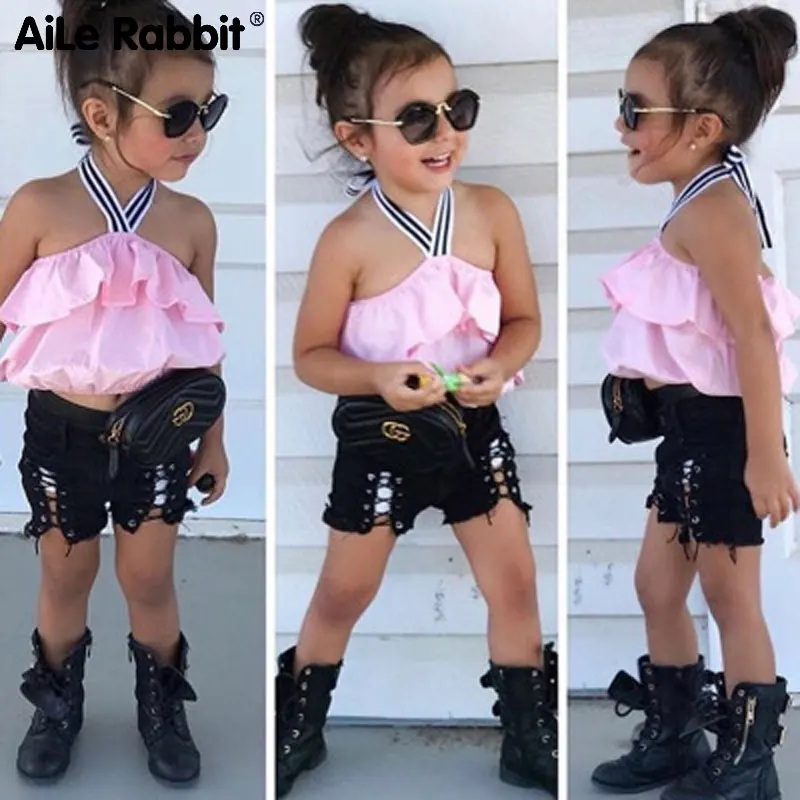 2020 Girls Set Summer European And American Style Strapless Strap Tops Denim Shorts Two-Piece | Детская одежда и обувь