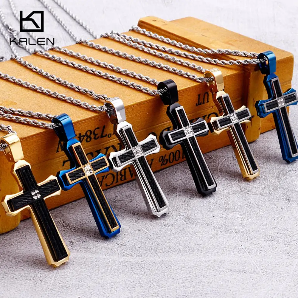 

Religious Stainless Steel Cross Pendant Necklace Multi Color Crucifix 66CM Long Chain Necklace Prayer Jewelry Accessories