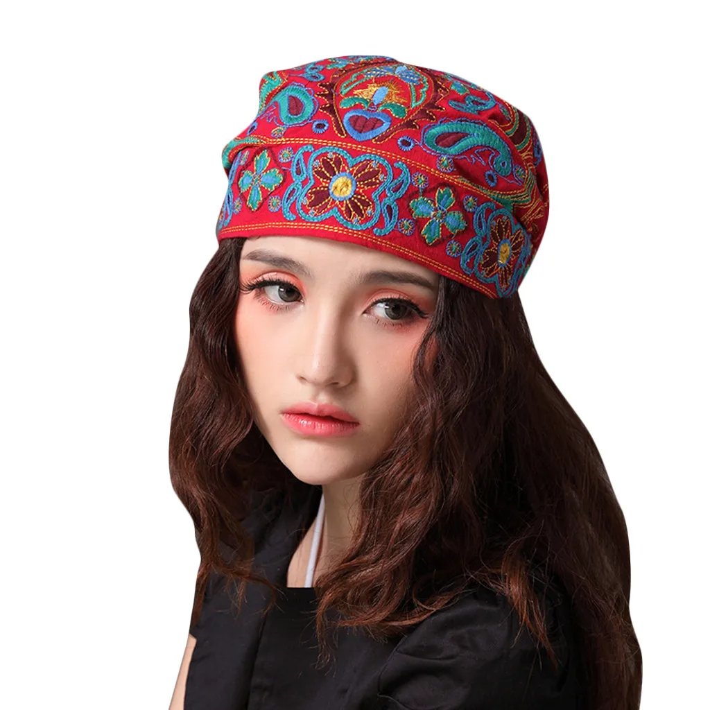 

Women Mexican Style Ethnic Vintage Embroidery Flowers Bandanas Red Print Hat winter hats for women fall hats for women 2020