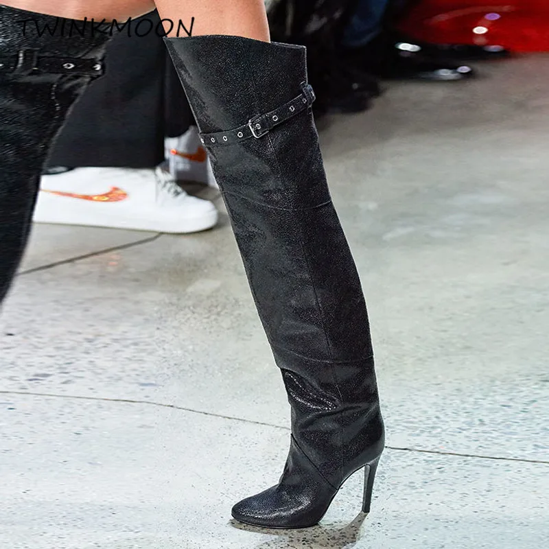 Metallic Leather Over The Knee Boots Gladiator High Heels Thigh High Boots Buckle Strap Colorful Peep Toe botas mujer invierno