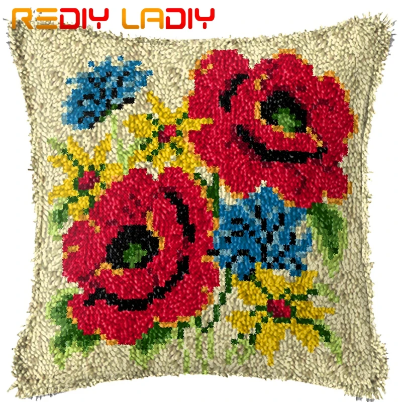 Latch Hook Kits Make Your Own Cushion Two Poppies Pre Printed Canvas