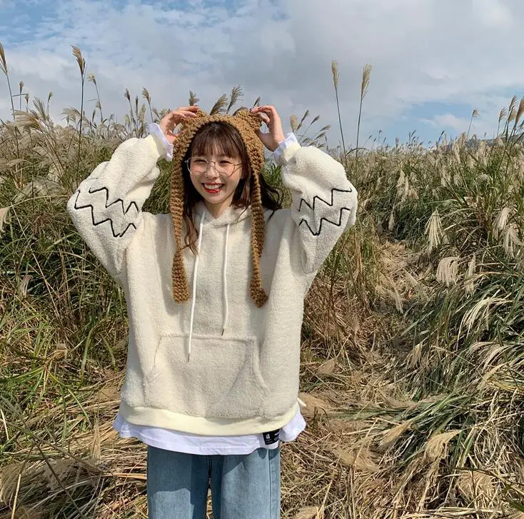 Korean autumn and winter embroidery long-sleeved hooded fake two-piece lamb hair loose sweatshirt women