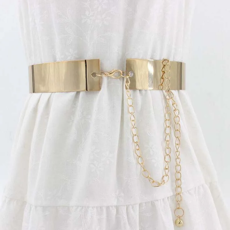 Exquisite Gold Silver Wide Belt Women Glossy Metal Belt Fashion Hollow Out Cummerbunds All-match Waist Chain Clothes Waistband