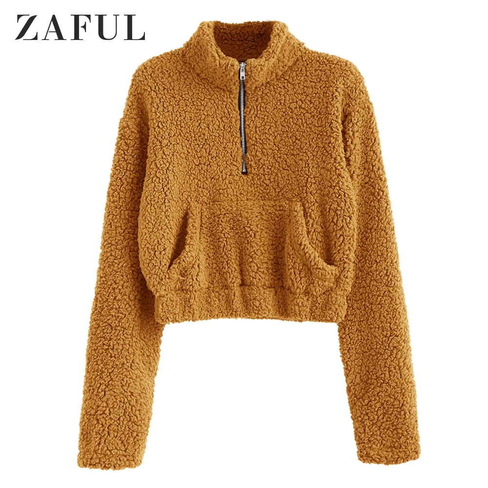 Женская пушистая Толстовка ZAFUL с молнией спереди из искусственной овчины