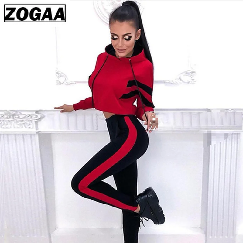 ZOGAA New Ladies Casual Suit Striped Color Matching Sweater+ Trousers 2 Sets of Women Tracksuit Women