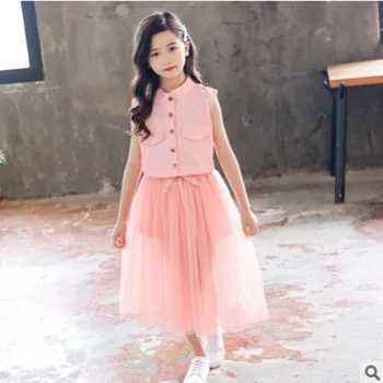 

Children 's Shirt Mesh Dress Clothing Sets New 2020 Cool Summer and Spring Girls 2 Solid Colors Kids Clothes Sets Size4-14 ly224