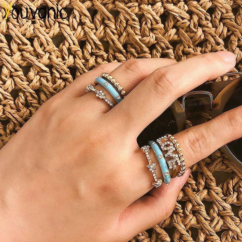 

Youvanic 7pcs Bohemian Vintage Crystal Rings Set Blue Crown Letter Love Flower Finger Ring For Women Female Wedding Jewelry 0223