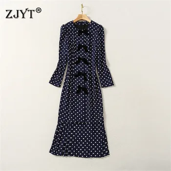 

Europe Fashion 2020 New Autumn Designer Runway Dress Women High Quality Long Sleeve Bowknot Dot Print Midi Party Vestidos