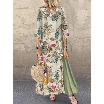 

ZITY Women Summer Boho Floral O Neck Long Sleeve Maxi Dress Ladies Casual Loose Dress Oversized Kaftan Beach Sundress
