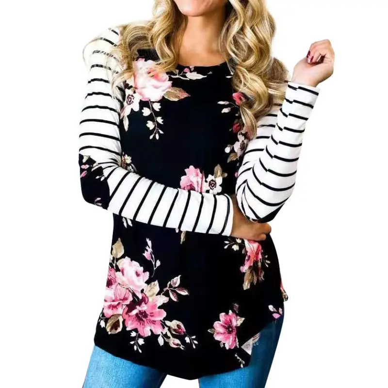 

Women's Casual Plus Size T-shirt Floral Striped Top Autumn O Neck Long Sleeve Workwear Tee Shirt HF
