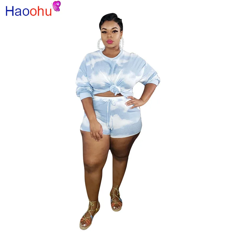 HAOOHU Women Plus Size XL-5XL Tie Dye Print Tee tops Shorts jogger sweatpant suit two piece set sport matching outfit | Женская одежда