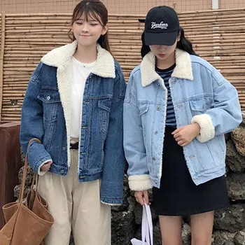 

2019 Velvet Thick Denim Jacket Female Winter Big Fur Collar Korean Locomotive Lamb Coat Female Student Keep Warm Short Coat