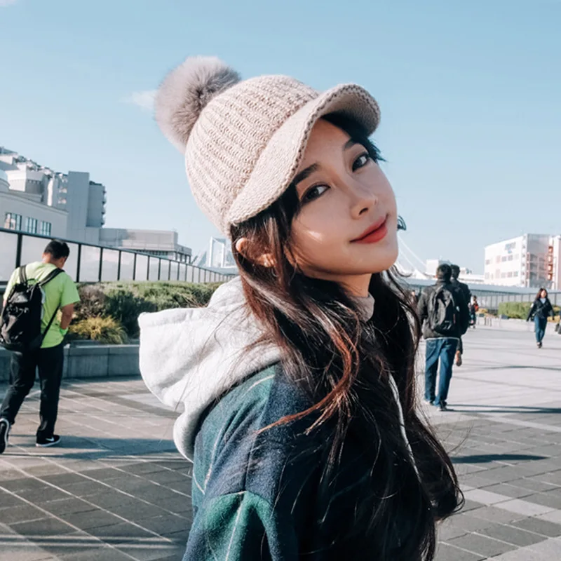 

Autumn & Winter New Style Korean-style Furry Ball Wool Cap Women's Casual Soft Warm Thick Deconstructable Cricket-cap Knitted Ha