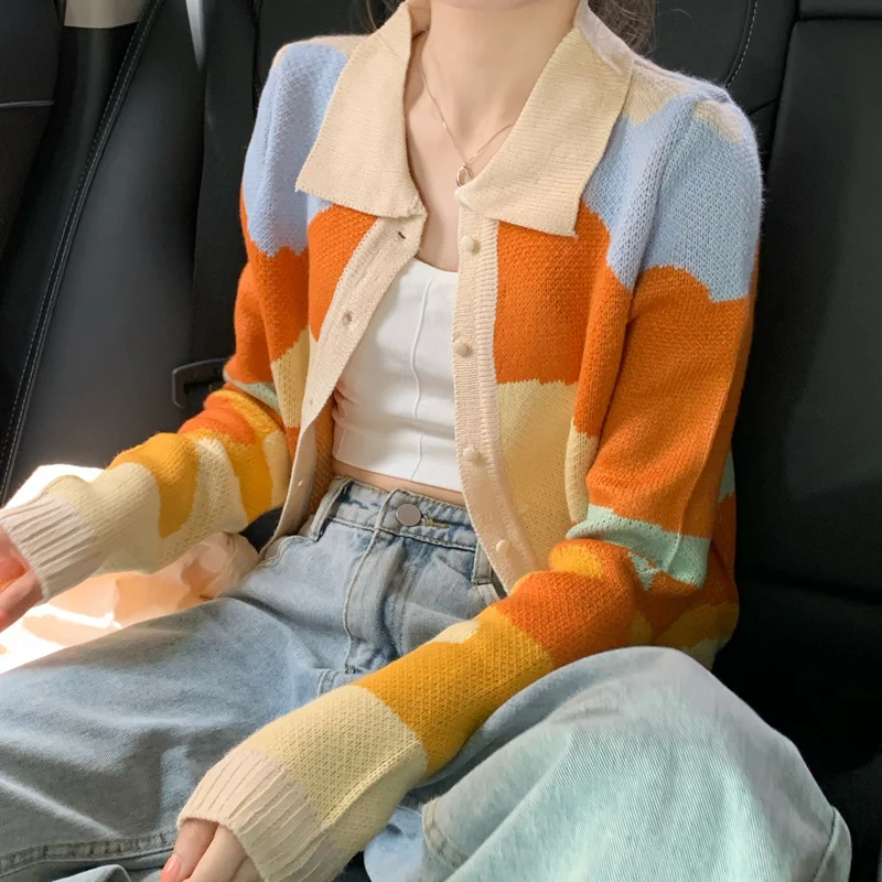 Women's Knitted Cardigan Sweater Polychromatic Sweet Autumn New Retro Long Sleeve Coat Casual Ladies Top Base Shirt |