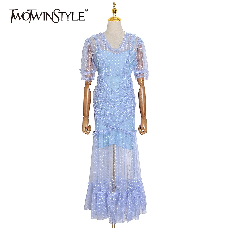 TWOTWINSTYLE Perspective Polka Dot Dress For Women V Neck Puff Sleeve High Waist Patchwork Lace Slim Female Dresses 2020 New TWOTWINSTYLE Perspective Polka Dot Dress For Women V Neck Puff Sleeve High Waist Patchwork Lace Slim Female Dresses 2020 New