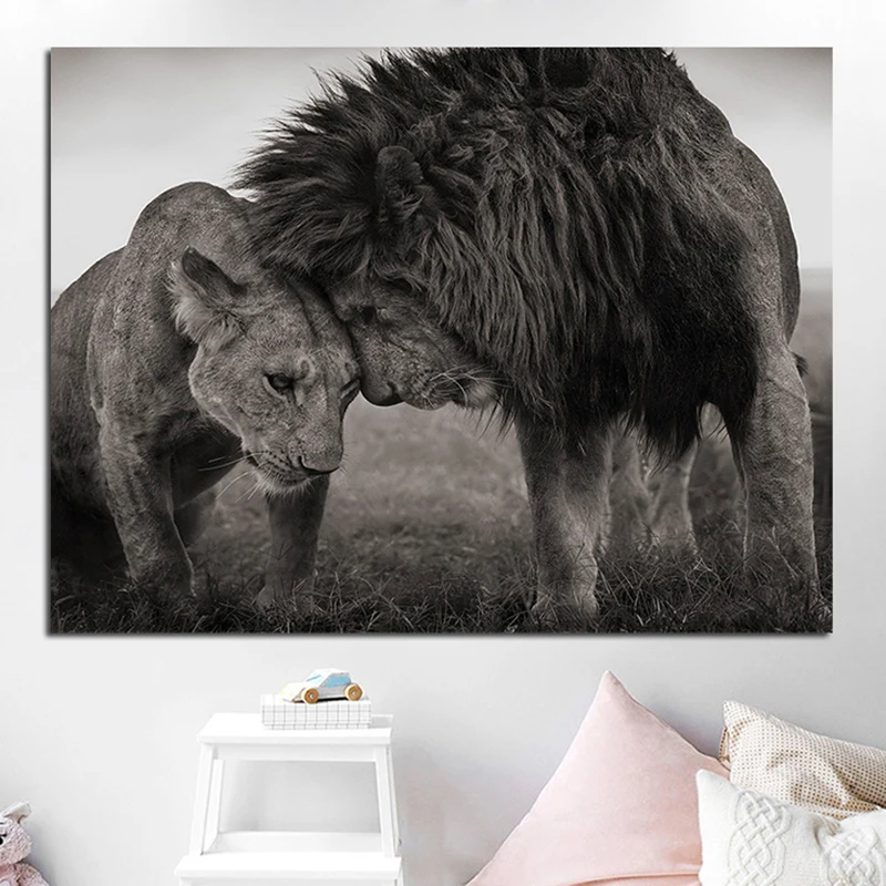 Черно-белые африканские львы, картина на холсте, отец и сын, животные, плакаты и принты, куадрос, настенный декор, картина для гостиной