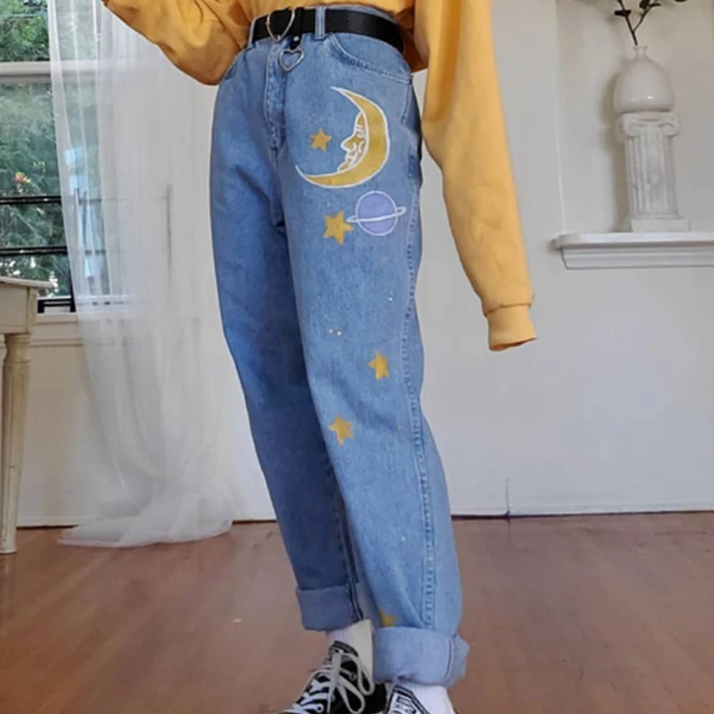 Loose Women Jeans Indie Aesthetic Jeans Denim Trousers Womens Clothing  Baggy Mom Jeans New Casual Fashion Moon Print Jean|Jeans| - AliExpress