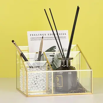 

Glass Storage Box Cosmetics Container Desktop Brushes Holder Jewelry Storage Organizer Golden