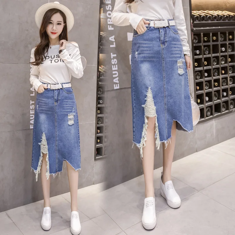 

Photo Shoot 2020 New Style Irregular Torn Edge with Holes Cowboy Slit Skirt Mid-length Skirt Women's