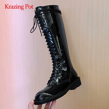 

Krazing pot equestrian boots big size real leather coolest round toe thick med heel zipper punk energy sexy knee high boots L13