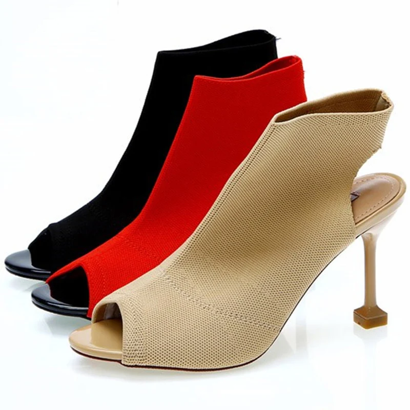 

Women's Sandals Female Zapatillas Shoe Summer Sandal For Women Wedding Heels Shoes Red Knitting Fish Mouth Sexy High Heels Pumps