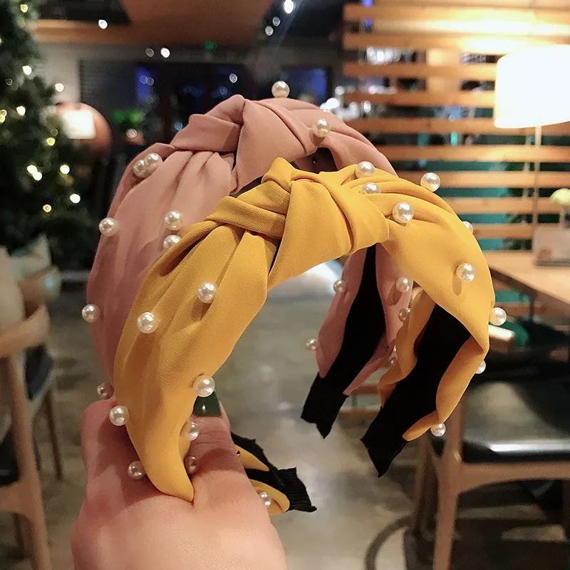 

2019 Top Knot Turban Headband Elastic Hairband Pearl Hair Accessories Girls No Slip Stay Knotted Head Band Hair Band Women