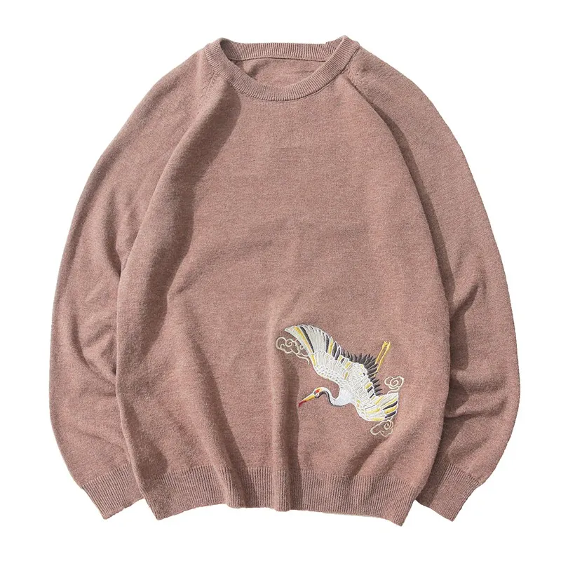 2019 Style Chinese Crane Print  Fashion Men Sweater Streetwear Casual Clothes Knitted Pullovers For Autumn Winter