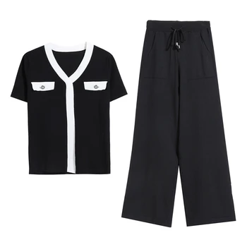 

MERRY PRETTY Women's Set 2 Piece Sets V-neck Knitted Black Top And Pants Short Sleeve Knitted T-shirt wide leg Pants set cloth