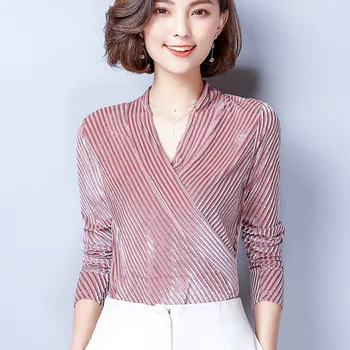 

2017 Autumn long sleeve V neck Velvet blouses women slim body cross Velvet shirts women Spring long sleeve soft Velvet tops