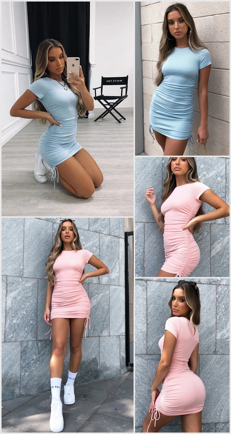 FANTOYE Ruched Drawstring Bodycon Dress Women Sexy Short Sleeve Club Party Dress Ladies Solid Skinny Elegant Dress Summer 2020