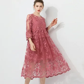 

LANMREM 2020 New Fashion Large Size XL-4XL Dress Women Over Size Seven Sleeve Hollow Out Lace Floral With Lined AP647