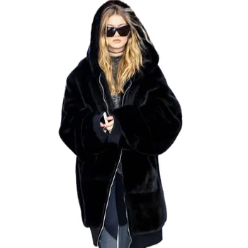 

2019 Winter Hoody Women Warm Faux Fur Zipper Hooded Winter Puff Sleeve Long Warm Fur Coat with Pockets