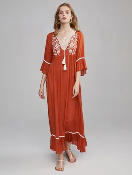 

Summer new Nepal travel holiday beach island dress Bohemian sexy seaside dress retro ethnic embroidery loose long dress