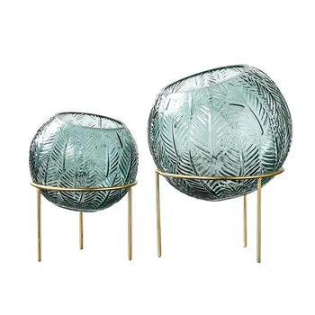

Nordic Bowl Flower Vase Transparent Leaves Pattern Glass Vase Gold Iron Frame Micro Landscape Glass Ball Plant Vase Home Gifts