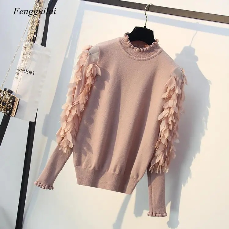 

Ruffled Collar Knitted Women Sweater Spring Autumn Loose Jumper Fashion Flowers Sleeves Sweater and Pullover Femme Pull