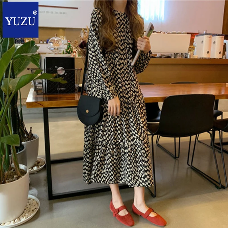 

Vintage Mermaid Polka Dot Pleated Dress Draped Puff Sleeve O Neck Loose Ruffle Dress Retro Korean Mid-calf Vestidos 2020