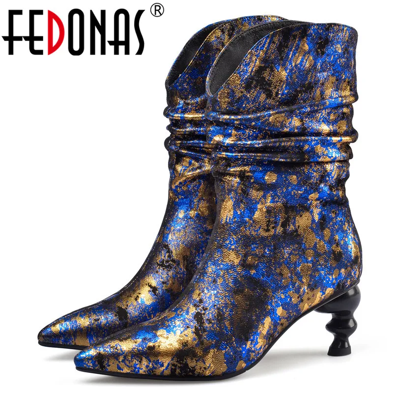 

FEDONAS Vintage Prints SheepSkin Women Brand Ankle Boots Strange Heels Party Dancing Sheos Woman Fashion Chelsea Short Boots