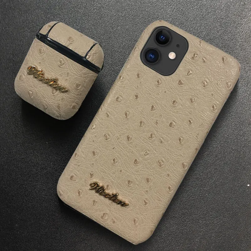 Роскошный чехол из искусственной кожи страуса для iPhone 11 Pro Max XS 7 8 6 6S Plus X XR Жесткий Чехол для Airpods зарядный чехол для наушников s - Цвет: 1 Set Apricot