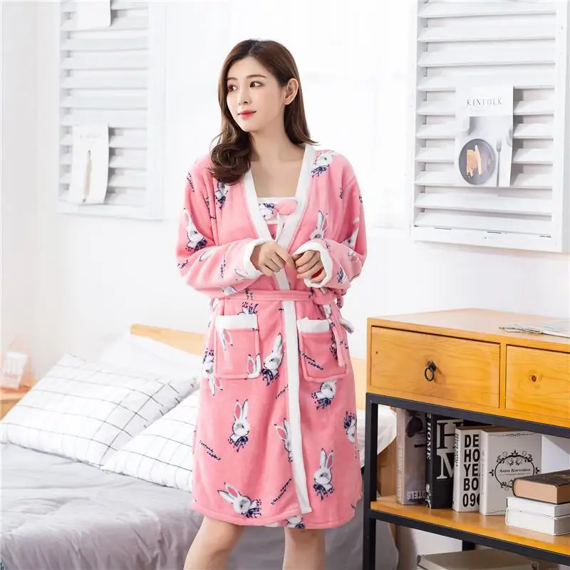 Coral Fleece Female Winter Thick Kimono Bathrobe Gown 2PCS Robe Set Nightwear Soft Bow Sleepwear Flannel Home Clothing - Цвет: Style M