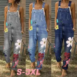 3 цвета, модные женские комбинезоны, свободные джинсовые комбинезоны, джинсы размера плюс, комбинезоны с цветочным принтом, длинные штаны