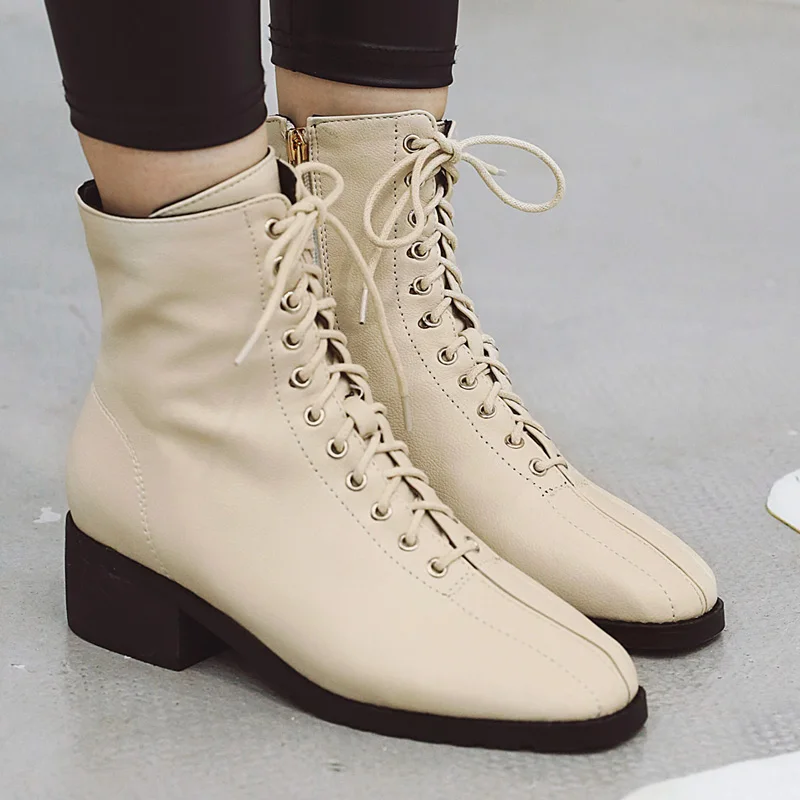 

AIWEIYi Martin Boots for Women Square toe Med Heel High Heels Lace Up Platform Pumps Autumn Winter Motorcycle Boots Botas Mujer