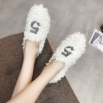 

2019 Winter New Rhinestone digital Wool Flat Women's Casual Shoes Curls Wear Lambs Peas Shoes Plus Velvet Shoes Woman 815