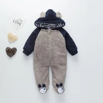 

Infant Baby Girl Boy Solid Cartoon Bear Velvet Hooded Jumpsuit Romper Winter Warm Velvet Round Collar Onesies Cute Bear