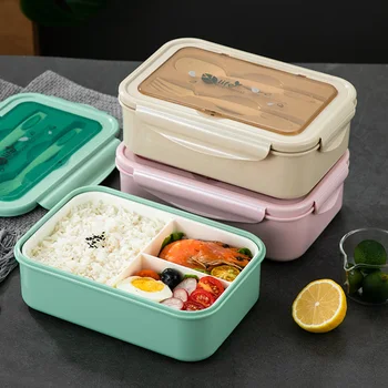 

Microwave Lunch Box Wheat Straw Bento Box With Spoon Chopsticks Portable Healthy Food Container For School Kids Office Workers