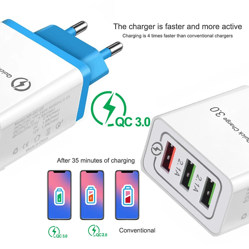Зарядное устройство USB с 3-портовым разъемом для быстрой зарядки EU/US зарядное устройство для Samsung iPhone XiaoMi Huawei настенное Универсальное зарядн... Зарядное устройство USB с 3-портовым разъемом для быстрой зарядки EU/US зарядное устройство для Samsung iPhone XiaoMi Huawei настенное Универсальное зарядн...