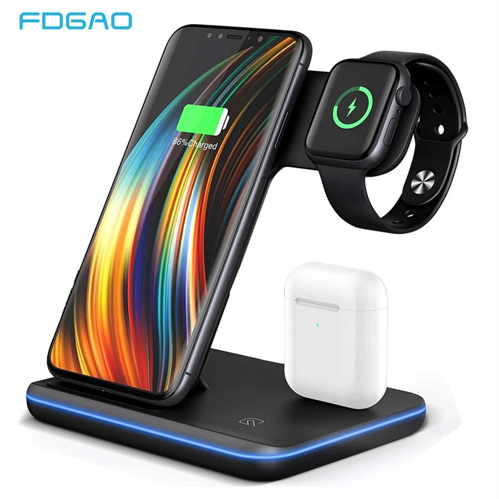 FDGAO 3 in 1 Fast Charging Station for AirPods 15W Qi Quick Wireless Charger 4 in 1 For Apple Watch iPhone 12 11 XS Samsung S21