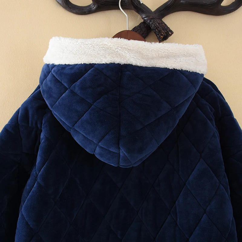 New Women Soft Flannel Navy Bathrobe Winter Cotton with Velvet Home Robea Female Hooded Extra Long Thick Warm Dressing Gown